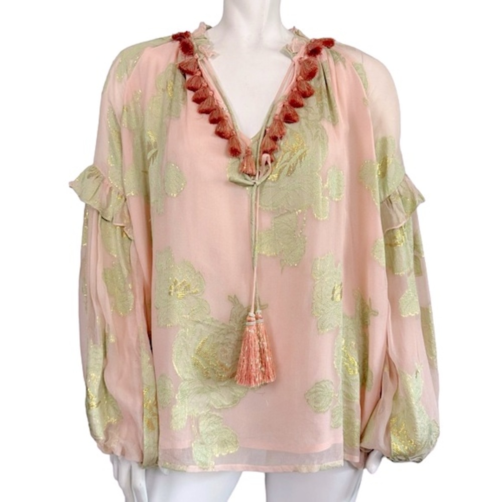 HEMANT & NANDITA Blush Pink Green Metallic Gold Chiffon Boho Ruffle Blouse